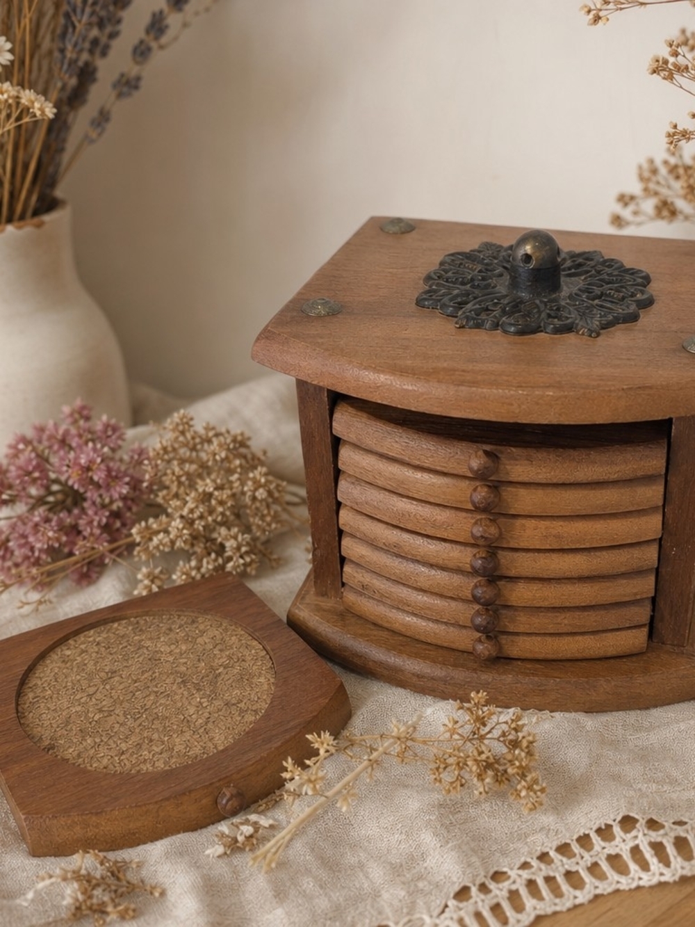 Vintage Wooden Coaster Set with Holder – Rustic Cottagecore Décor